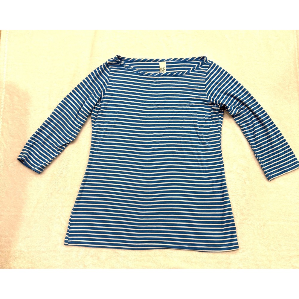 Yala Bamboo Viscose Striped Boat Neck Top Blue White 3/4 Sleeve Womens Medium